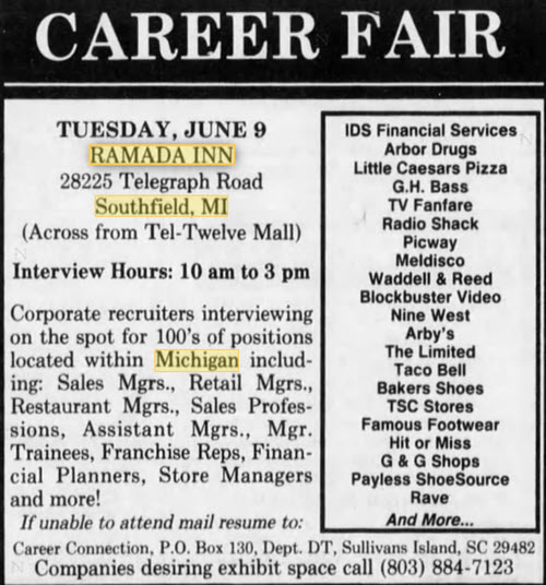 Ramada Inn - Southfield - Old Career Fair Ad From June 1992